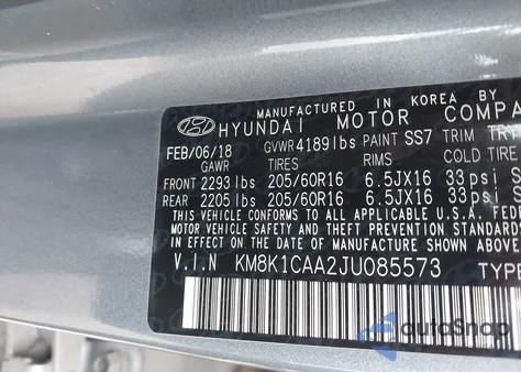 2018 Hyundai Kona Se из США, поврежденный, VIN KM8K1CAA2JU085573